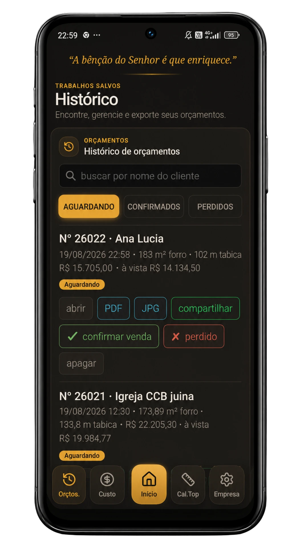 Histórico de orçamentos com botões de PDF, imagem e compartilhar