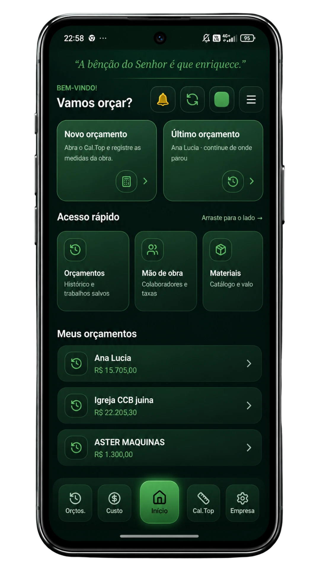 Tela inicial da Calculadora Inteligente, com orçamentos reais salvos