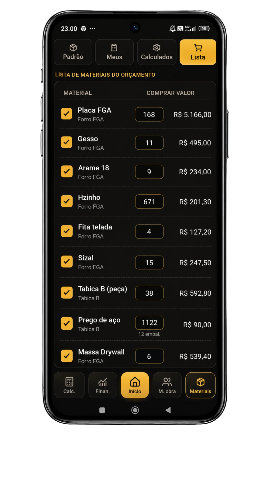 Lista de materiais do orçamento, com quantidade e valor de cada item