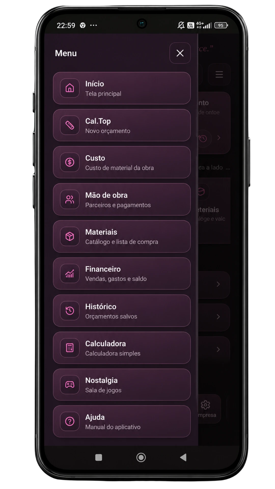 Menu da Calculadora Inteligente flutuando, com todas as ferramentas