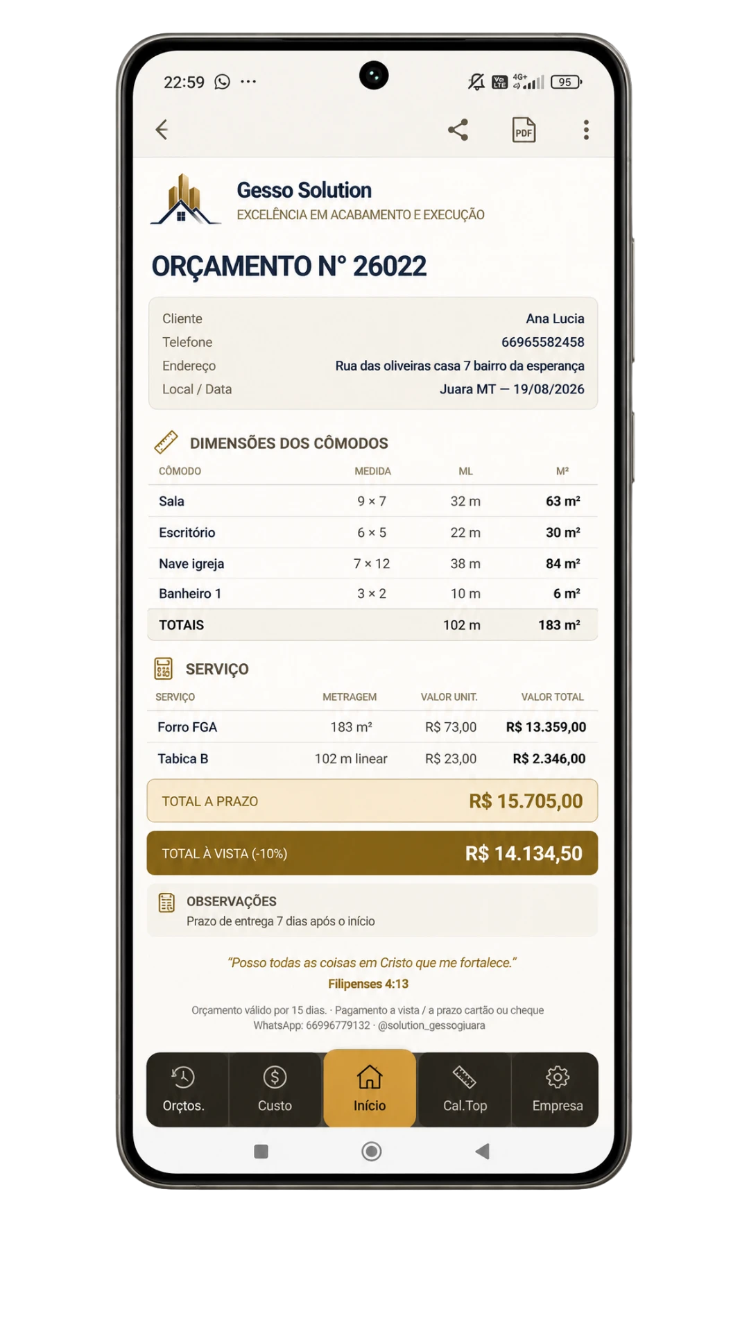 Orçamento em PDF, com a marca da empresa e as dimensões dos cômodos